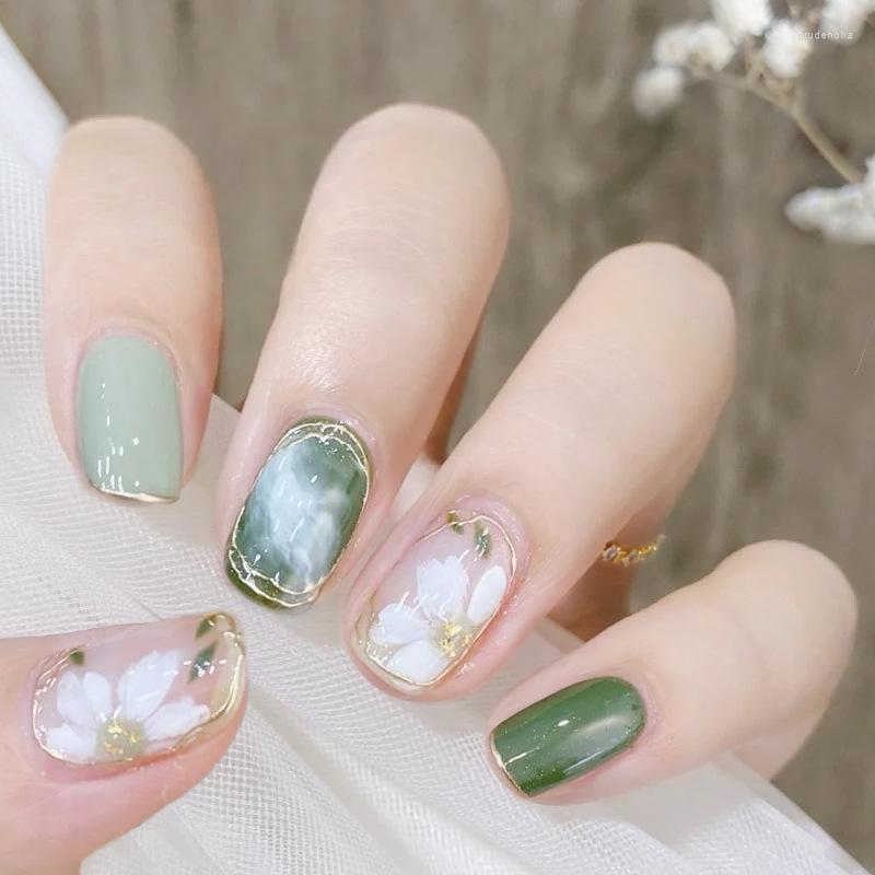 

False Nails Fake Nail Patch Wear Enhancement Finished Piece Summer Camellia Flower Green Prud22, 25