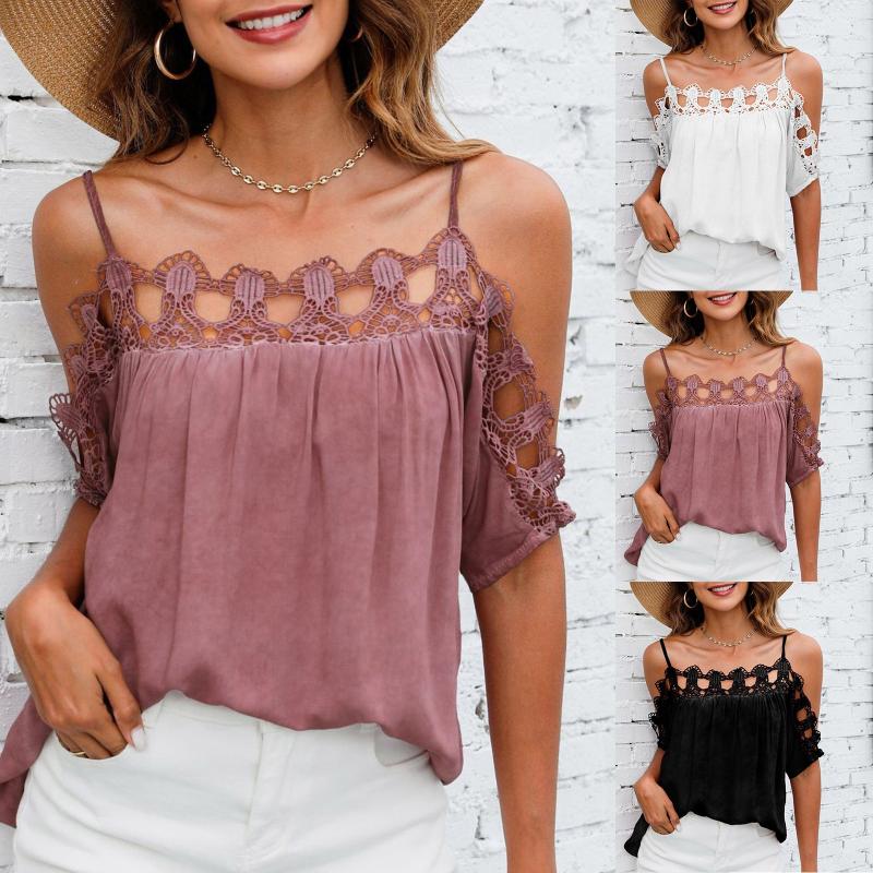 

Women' Blouses & Shirts Fashion Off Shoulder Shirt Women 2022 Summer Top Halter Lace Blouse Female Casual Loose Camisetas Verano BlusaWomen, Pink