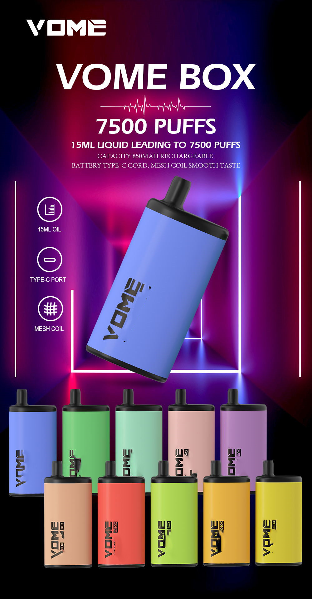 

Original Disposable Electronic Cigarette Vome Box 7500 Puffs E Cig Rechargeable Vapes Nebulizer 15ml Vape Pen Electric Device Pod Disposable Vaporizer