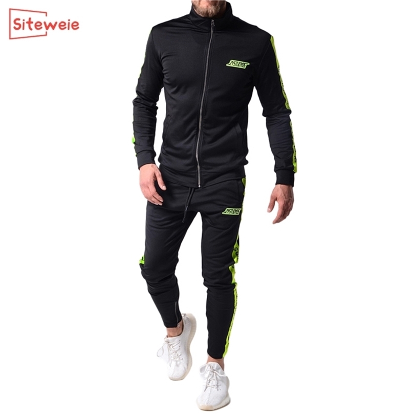 

SITEWEIE Mens Tracksuit Two Piece Sets Sports Wear Solid Color Letter Print Jogging Suit Gym Men Outfits Men Clothing Set LJ201126, Green