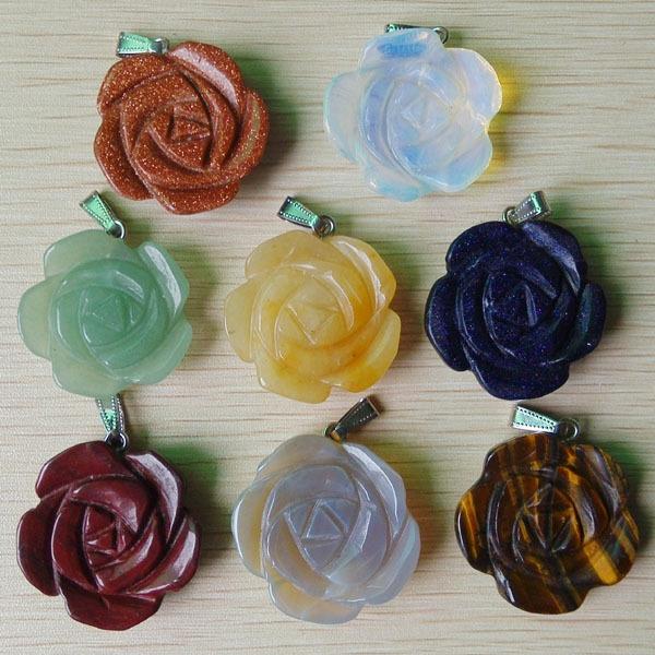 

Pendant Necklaces Fashion Selling Carved Mixed Natural Stone Rose Flower Pendants Charms Jewelry 8pcs/lot Wholesale