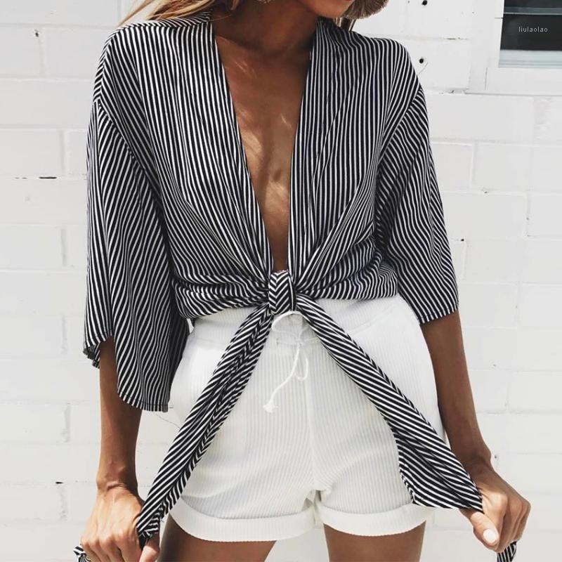 

Women Kimono Loose Cardigan Shirt Cotton Black V Neck Striped Print Blouse With Bow Fashion Ladies Summer Blouses Plus Size Women' & Shirts, Gray