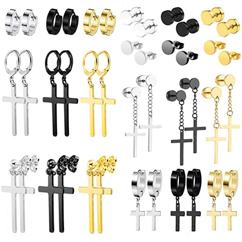 

Stud 21 Pairs Of Pendant Earrings Set Stainless Steel Punk Style Round Cross For Men And Women Black Gold Tricolor
