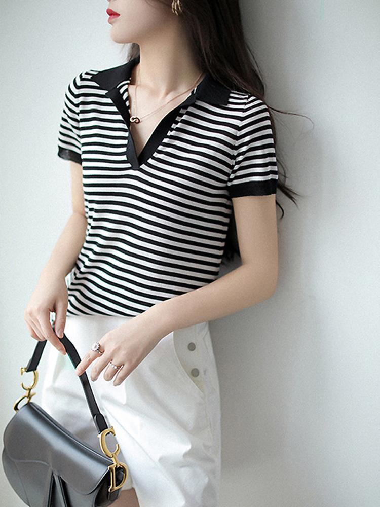 

Women's Sweaters Knitted Women Pullover Sweater Beautiful To Wear Casually Contrasting Stripes T Shirt Short-sleeved Top Summer2022Women's, Striped