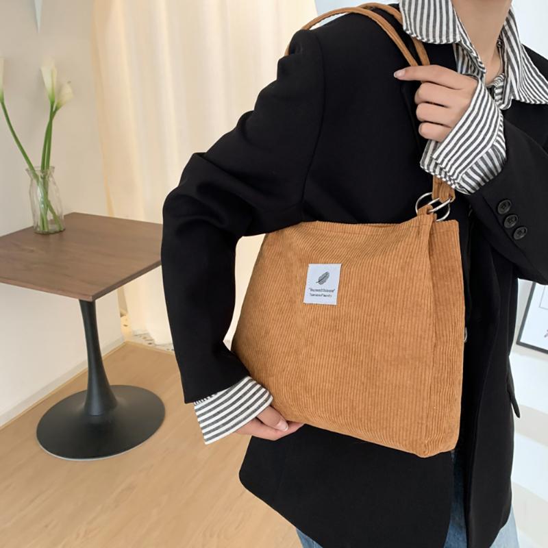 

Evening Bags Women Corduroy Shopping Bag Female Canvas Cloth Shoulder Reusable Travel Foldable Eco Friendly Grocery Tote BagsEvening, Beige