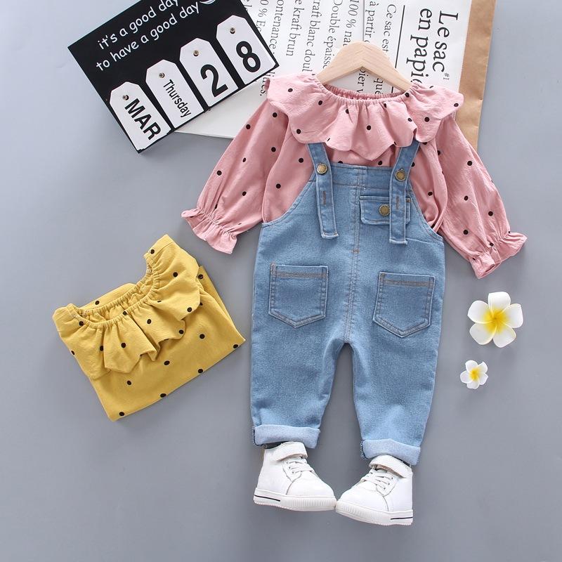 

Clothing Sets Baywell Spring Autumn Toddler Baby Girls Clothes Long Sleeve Dot Print Tops +Denim Overalls Kids Girl Casual Outfits 0-4Y