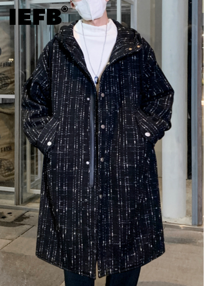 

Men's Trench Coats IEFB Autumn Windbreaker Men's Long Woolen Coat Korean Fashion Plaid Decoration Male Trench Temperament 9A4514 220826, Creamy-white