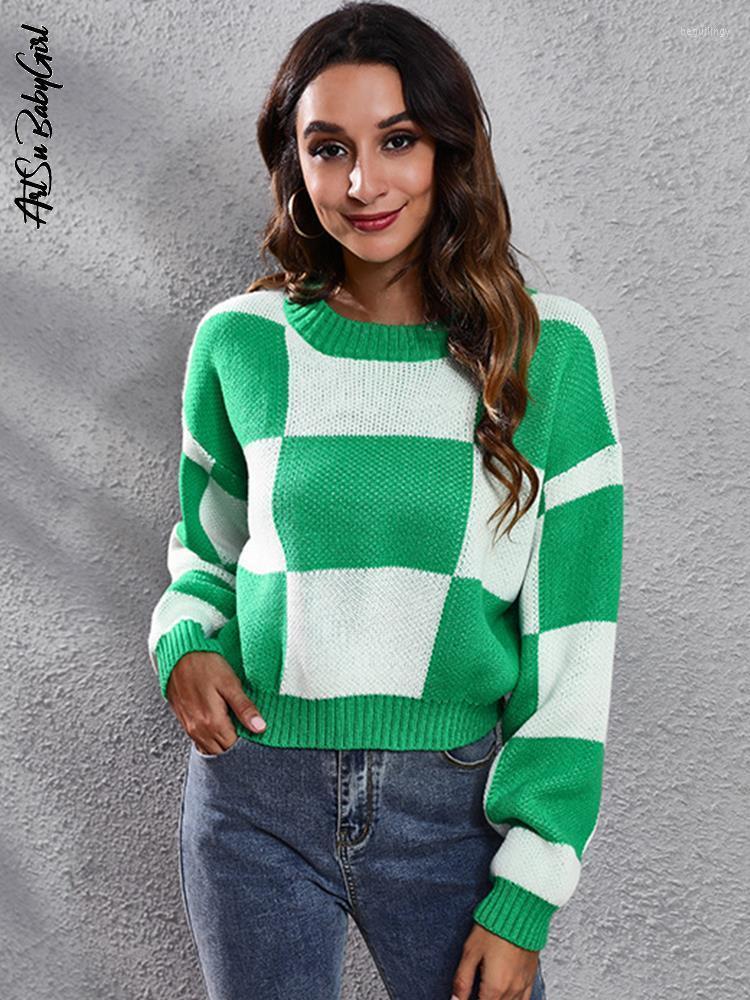 

Women' Sweaters Soft Women Sweater Top Long Sleeve Female Jumper Knitted Autumn Winter O Neck Streetwear Plaid PulloverWomen' Begu22, Green
