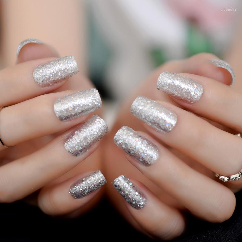 

False Nails Silver Glittering Rough Surface Decoration Nail Art Square Medium Pre-designed Fake With Glue Sticker 24Pcs Prud22, Z766