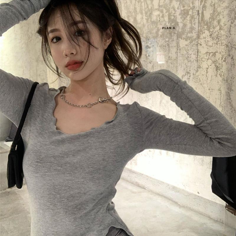 

Women's T-Shirt Long Sleeve T-shirts Women Line Irregular Hem Knitted Slender Autumn Bottoming Tees Chic Fashion Sexy Solid Ulzzang T-ShirtW, Black