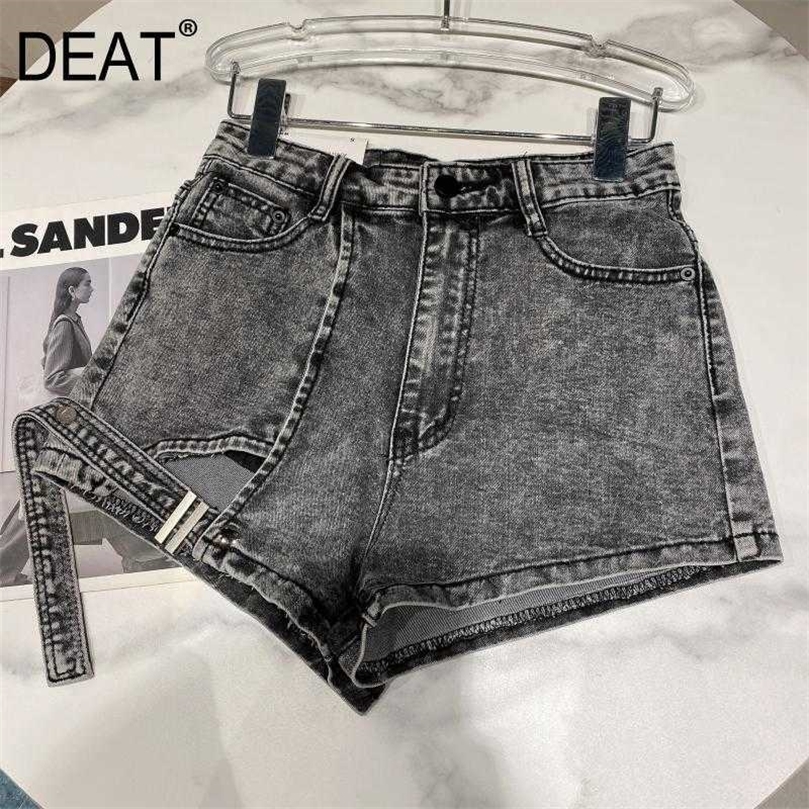 

DEAT Women Hollow Straps Stylish Personality Denim Shorts High Waist Fashion Temperament Spring Summer 11D917 210709, Blue