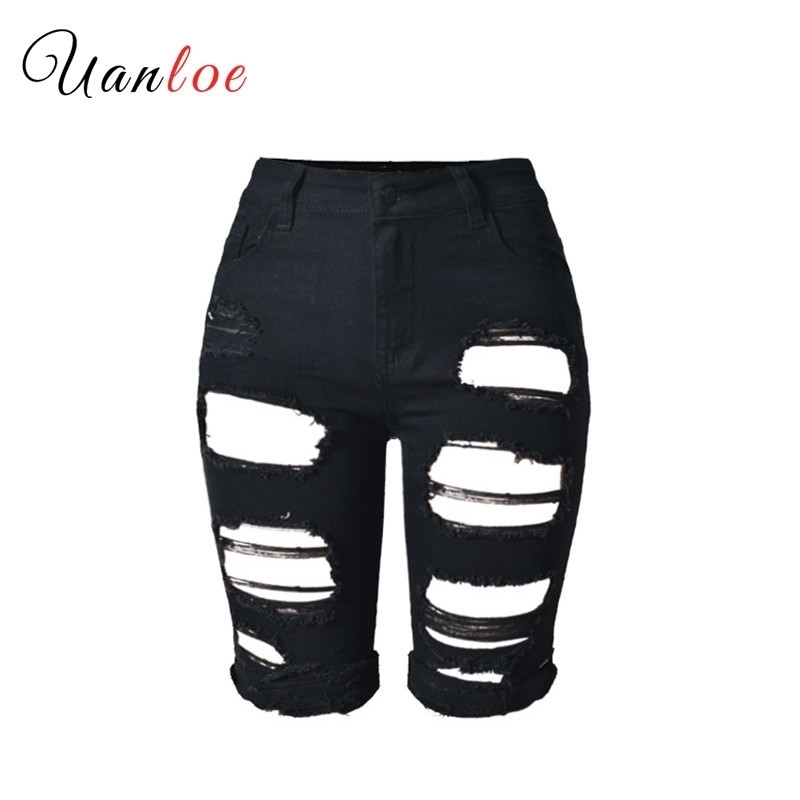 

Fashion Plus Size Knee Length Black Shorts Women Vintage White Denim Short Jeans Ripped High Waisted Shorts Femme Y200822