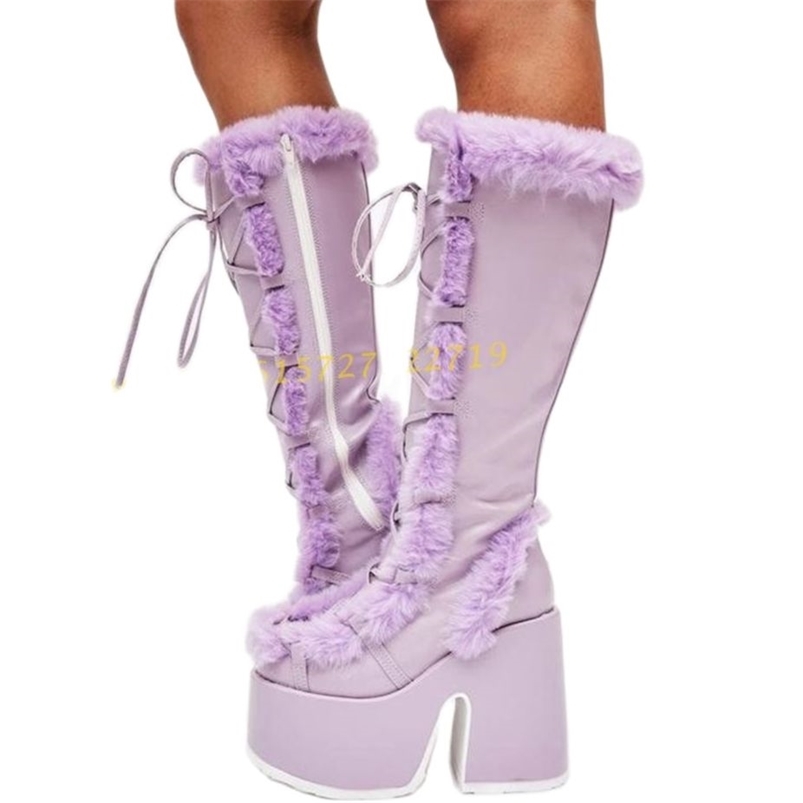 

Platform Fur Knee High Boots Women Lovely Round Toe Comfy Chunky Heels Suede Boots Lolita Style Spring Women Long Boots 220813, White