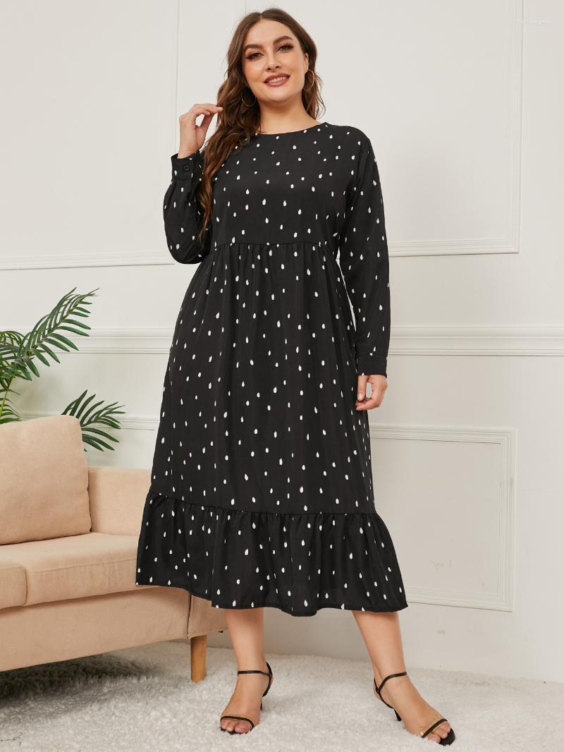 

Plus Size Dresses Spring Autumn Long Sleeve Dress Women Polka Dot Print High Waist Casual Black 4XL ClothingPlus Holl22