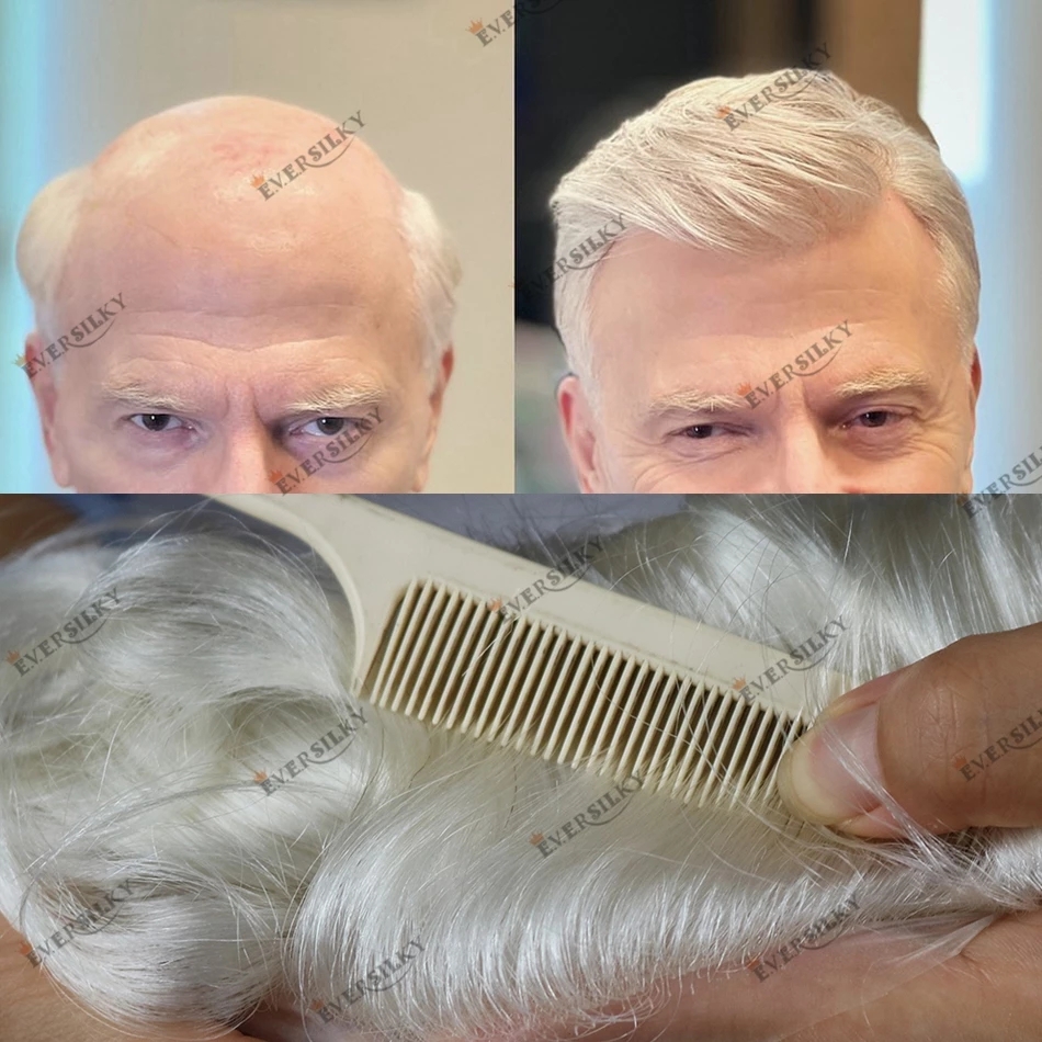 

Full Poly Skin Base 0.02mm Super Thin Natural Hairline Human Hair Toupee for Men 60R Platinum Blonde In Stock for European
