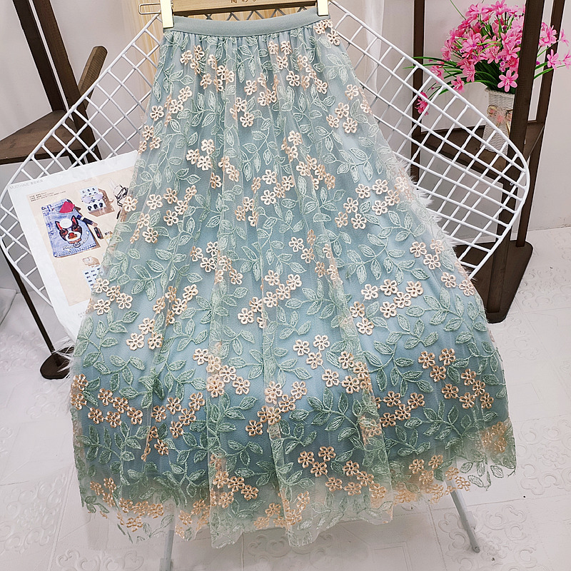 

Summer Embroidery Floral Mesh Long Skirt Women Elastic High Waist A Lien Tulle Green Skirts Korean Casual Tennis Skirt 2022, Same as picture