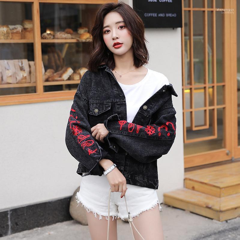 

Women's Jackets Large Size Women' Cartoon Cute Printed Korean Version Of The 2022 Autumn Black Denim Jacket Female Loose Wild Embroidery Top