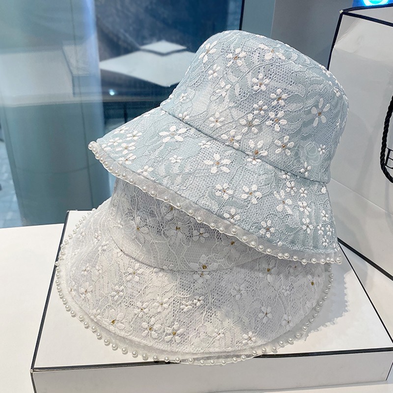 

Red Solid Thin Lace Cap Summer Breathable Shade Bucket Hat Pearl Fashion Fisherman's Hat Women Sunscreen Basin Hats