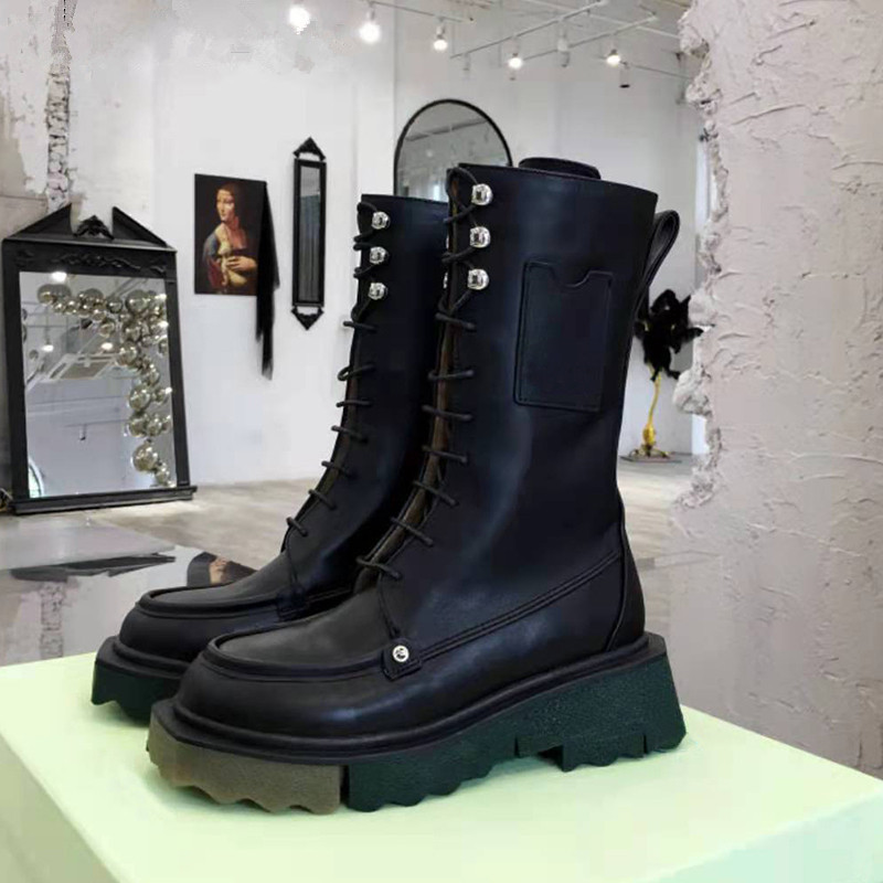 

Fashion-Autumn And Winter Thick Sole Ankle Boots Woman temperament Round Toe Real Leather Knight Botas Women Lace Up Martin Boot For Lady, Black