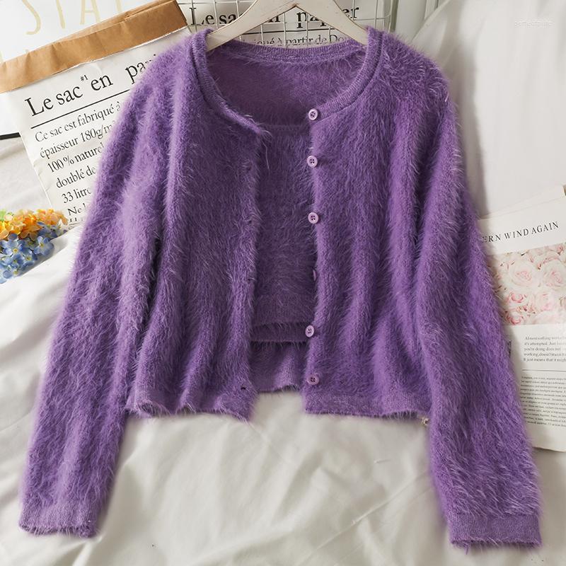 

Women's Knits & Tees Fall 2022 Women Selling Cropped Cardigan Fashion Casual 2pieces Set Black Knitted Ladies Tops Purple Sweater Vy441 Perf