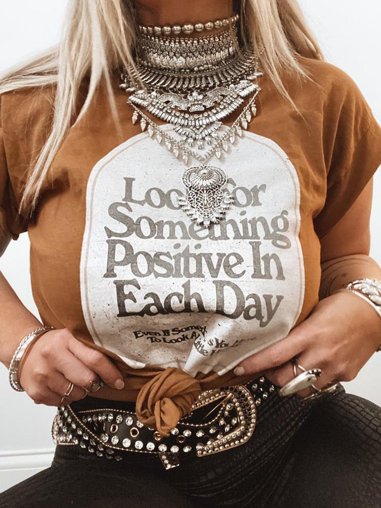 

Look For Something Positive In T Shirt Each Day Print Vintage Women Side Slit Summer Crew Neck 90s Girls Loose, Coffee