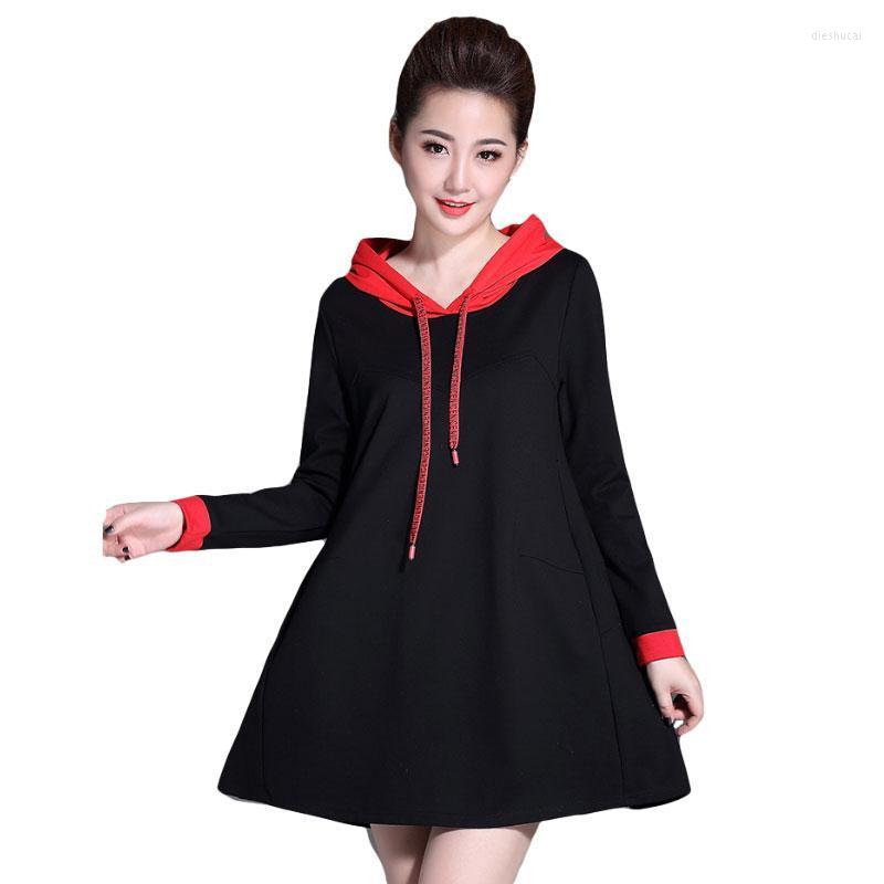 

Casual Dresses Spring 2022 Large Size 5XL Korean Hooded Long-sleeved Women Loose Slim Solid Color Top Autumn A013, Black