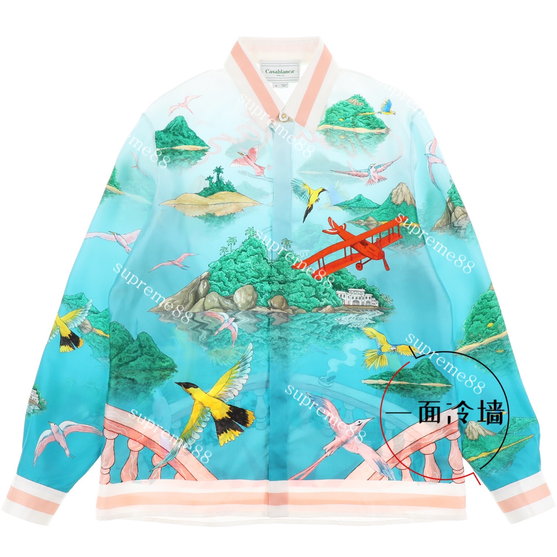

Casablanca Men Designer Button Up Shirts Lake Blue Landscape Painting Graffiti Printed Silk Shirt Long Sleeves Casablanc, Light blue