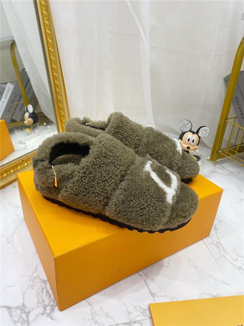 Designer Luxury PASEO FLAT COMFORT MULE SLIDES Slippers Sherpa Gray Mink Fur Bom Dia Flat Mules slipper With Box