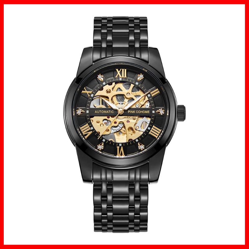 

Wristwatches Solid Steel Diamond Watches Skeleton Dial Face Mechanical Automatic Montre Homme Wristwatch Reloj Hombre WaterproofWristwatches, Black leather