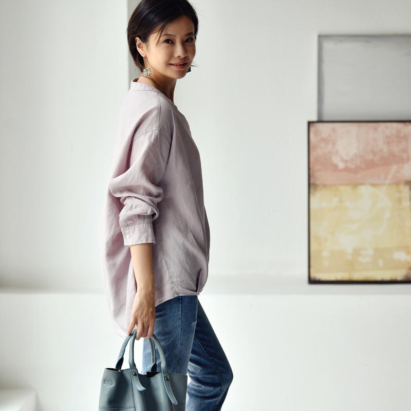 

Women's Blouses & Shirts MICOCO C2123C Literature And Art Ancient Temperament Loose Three-dimensional Cutting Texture Linen Long Sleeve Shir, Navy blue