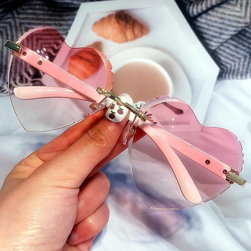 

Sunglasses Vintage Cutting Rimless Heart Shape For Women Brand Blue Pink Gradient Cate Eye Sun Glasses Female Elegant ShadesSunglasses