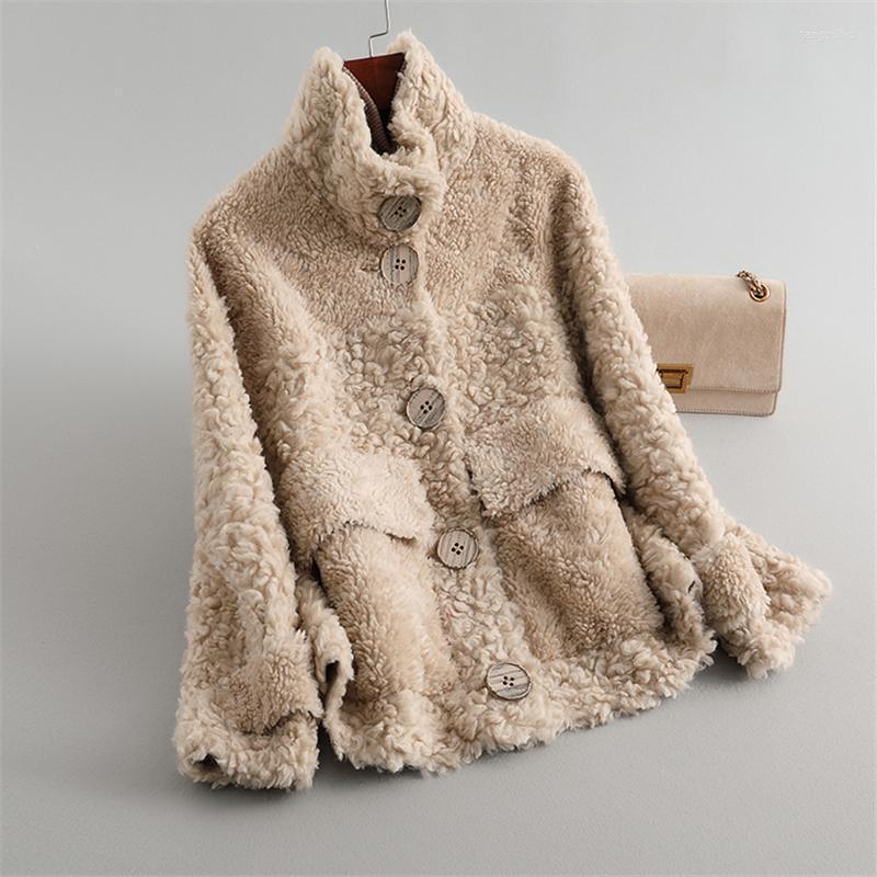 

Women' Fur & Faux 2022 Pattern Short Cashmere Shearer All Wool Coat Keep Warm Fashion, Beige