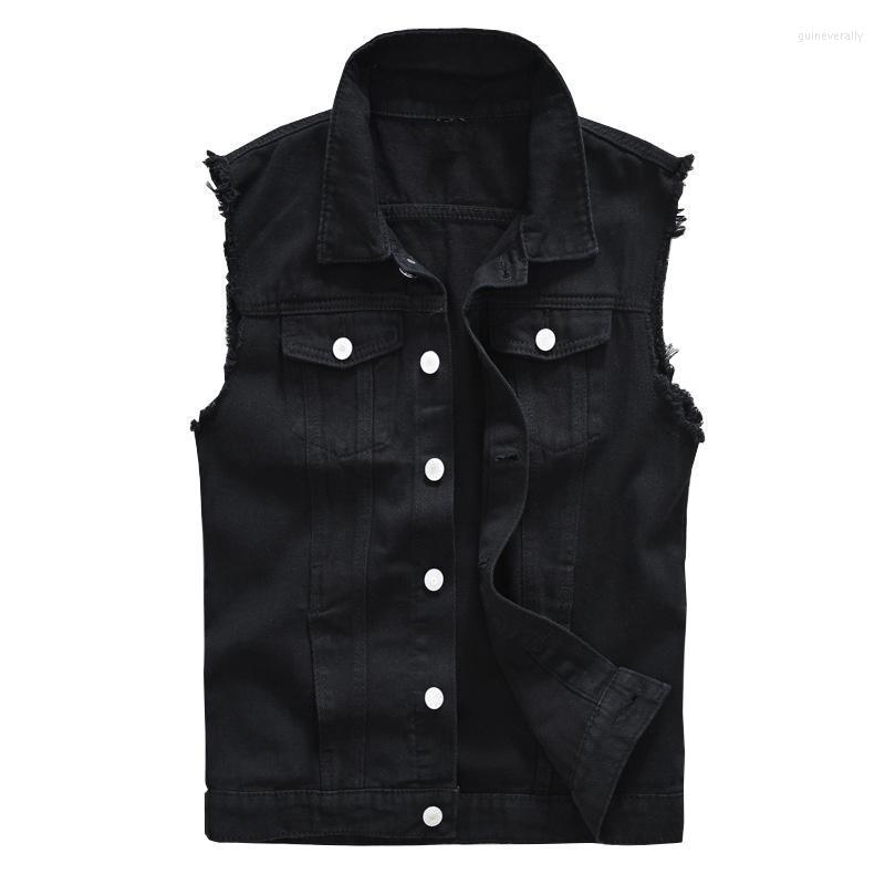

Men's Vests Sokotoo Black Jean Vest Slim Fringe Denim Waistcoat Sleeveless Tank Top Guin22