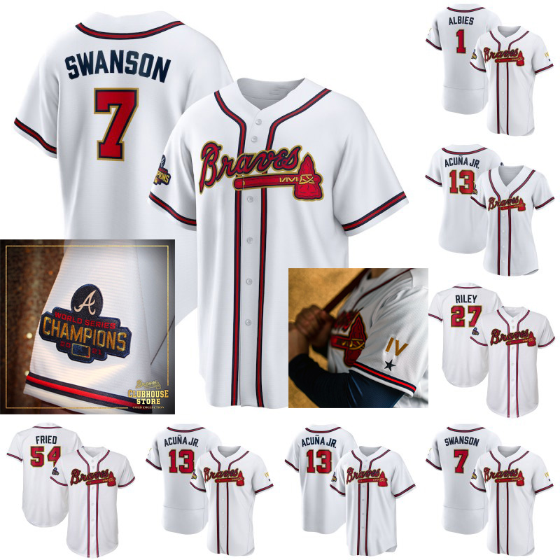 

Braves Dansby Swanson 2022 Gold Program Jersey Atlanta Matt Olson Eddie Rosario Ronald Acuna Jr. Austin Riley Ozzie Albies Marcell Ozuna Max Fried Manny Pina Jerseys, Mens flex base navy