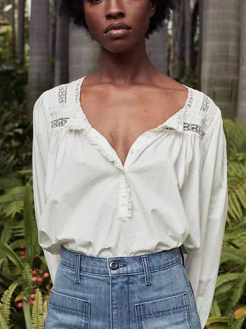 

Women' Blouses & Shirts Early Autumn Women Lace Trim Sweet Blouse Ladies Long Sleeve Half Open Elegant Shirt And Tops Female French Chemise