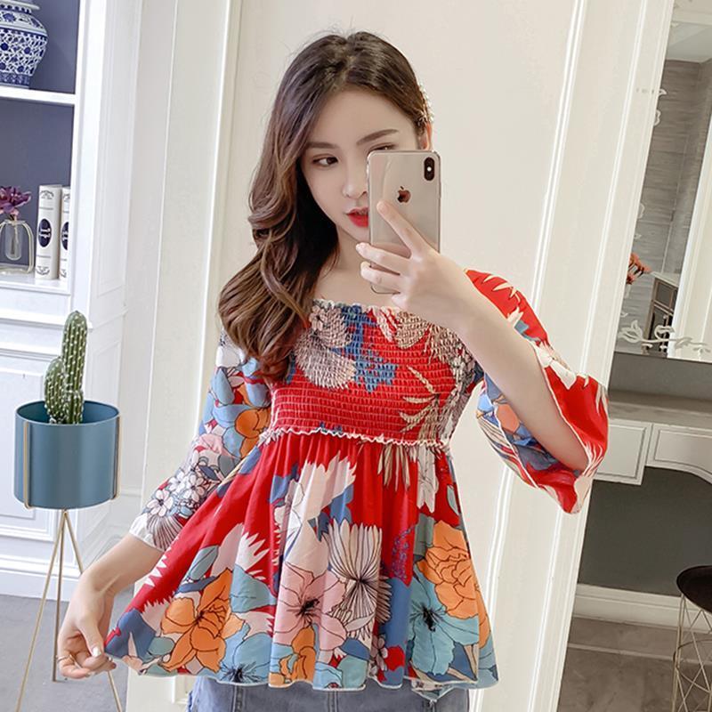 

Women' Blouses & Shirts 2022 Casual Flared Sleeve Print Blouse Summer Floral Chiffon Women Square Collar Ladies Tops Blusas Mujer Y816, Lan