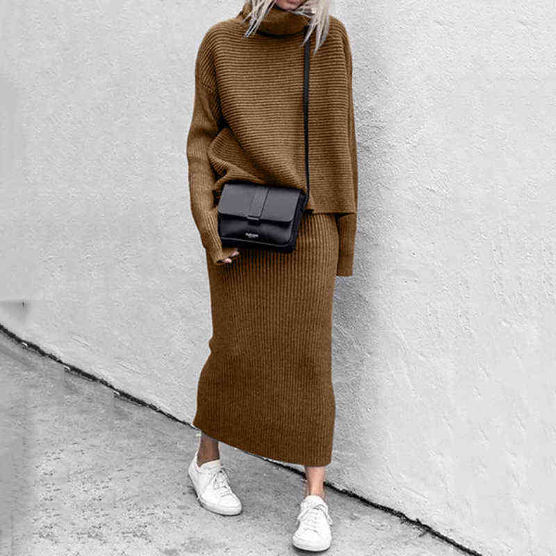 Automne hiver chaud long tricot deux pièces jupe ensemble femmes pulls à col roulé pull et chemises tricotées costume ensembles assortis 2021 T22