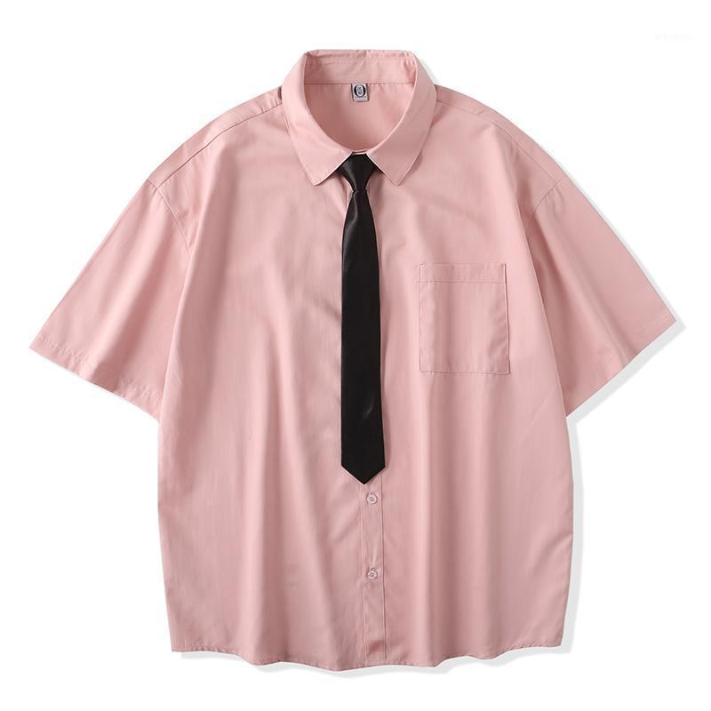 

Men's Casual Shirts Plaid Shirt 2022 Summer Fashion Oversized Drop Shoulder Mens Short Sleeve Men Blouse With Tie, Pink no tie