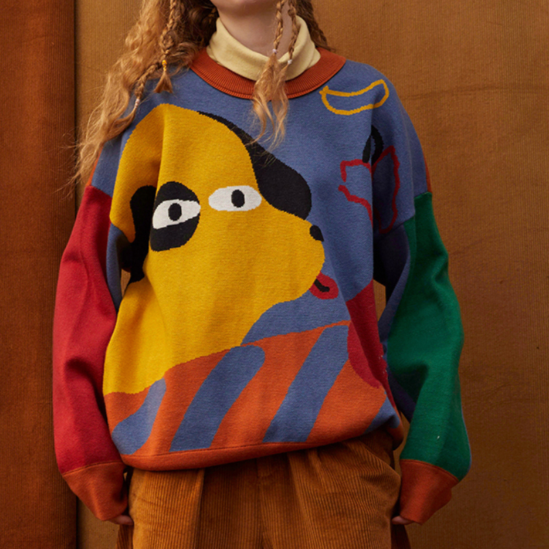 

Women Pullover Sweaters Long Sleeve Cartoon Dog Pattern Color Block Knit Tops Harajuku Loose Fashion 2022 Autumn Jumper Ins, Color matching