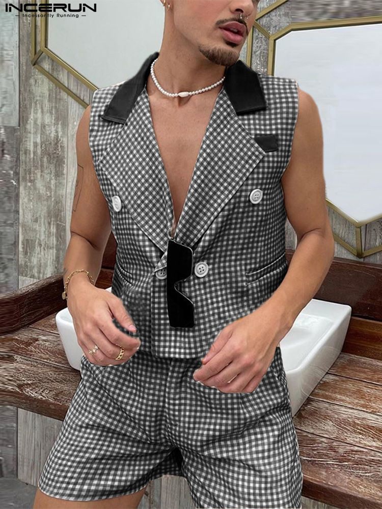 

Men Sets Streetwear Plaid Patchwork Lapel Sleeveless Vests Shorts Two Pieces Fashion Casual Suits 5XL INCERUN 7 220615, Khaki