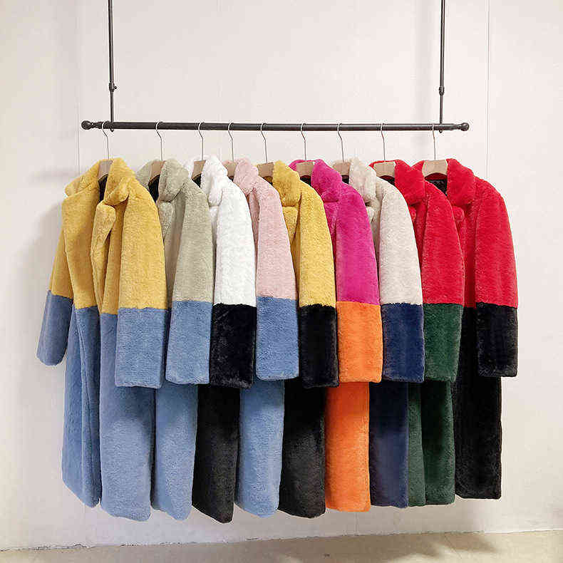 

2022 New Women Winter Warm Faux Fur Coat Color Patch Thick Women Long Coat Turn Down Collar Women Warm Fur Coat Casaco Feminino L220714, Coffee
