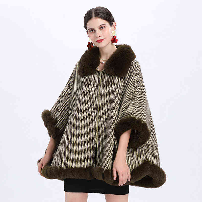 

Fashion Loose Knitted Imitated Cashmere Jacket Lapel Zipper Poncho Full Trim Faux Fur Cape Overcoat Women Fall Winter Coat J220719, Light grey
