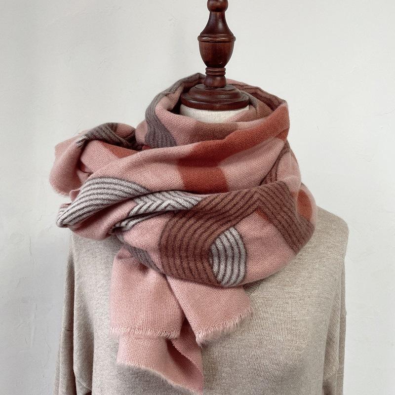 

Berets 2022 Winter Geometric Print Warm Scarf For Women Cashmere Shawl Wrap Female Thicken Stole Foulard Neck Bandana, Khaki