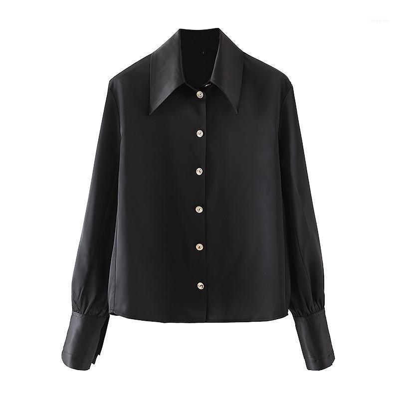 

Long Sleeve Blouse Women Spring Autumn Single Breasted Turn-down Collar Shirts Office Work Solid Silk Satin Women' Blouses, Black