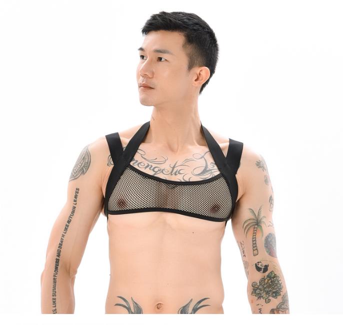 

Bras Sets Men Sexy Body Shapers Muscle Crop Tank Top Nightclub Erotic Tops Fishnet Mesh Vest Gay Clubwear Performance Clothing, Black