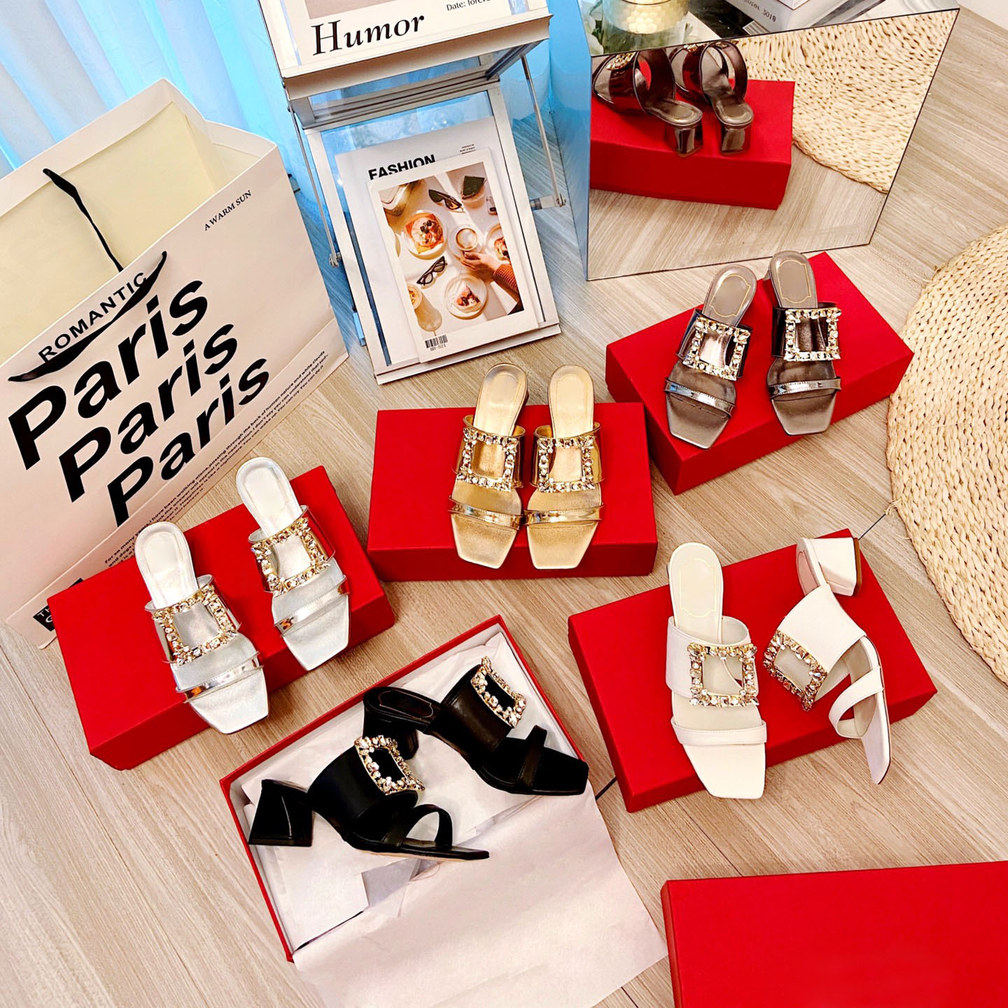 

New Summer High Heels Slippers Square Toe Women Slippers Square Strap Women Shoes Rhinestones Genuine Leather Hot Shoes Woman, As pic