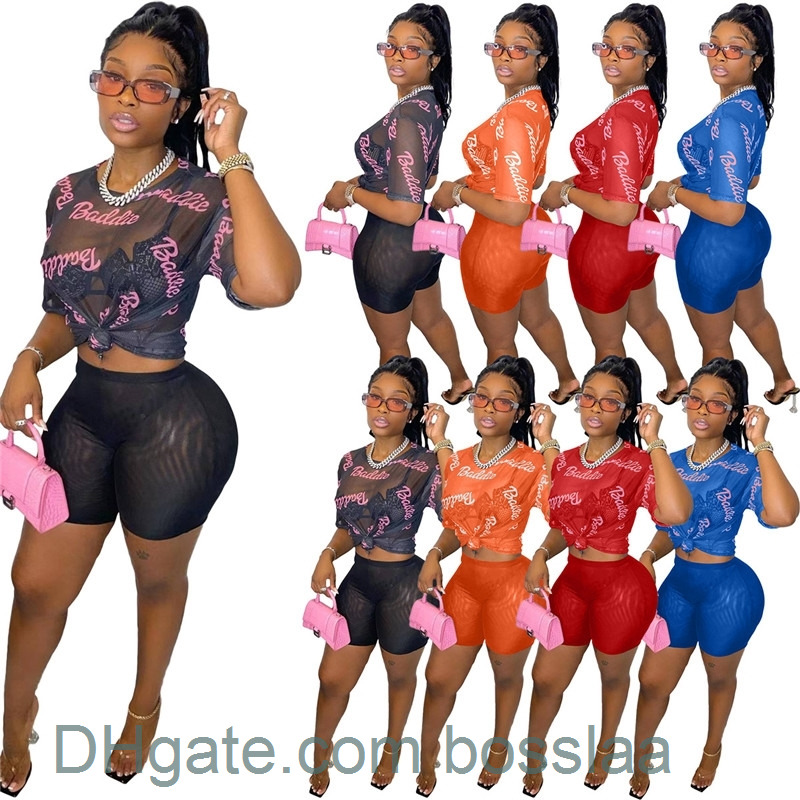

Womens Tracksuits Fashion Letter Printed Casual Set Short Sleeve Outfits T-shirt + Shorts 2 Piece Set Sexy Sheer Mesh Matching Set, Black