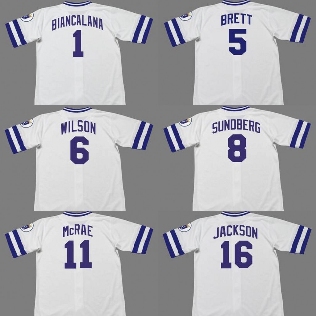 

Kansas City 16 BO JACKSON 5 GEORGE BRETT 8 JIM SUNDBERG 6 WILLIE WILSON 11 HAL McRAE 1 BUDDY BIANCALANA baseball Jersey 1985
