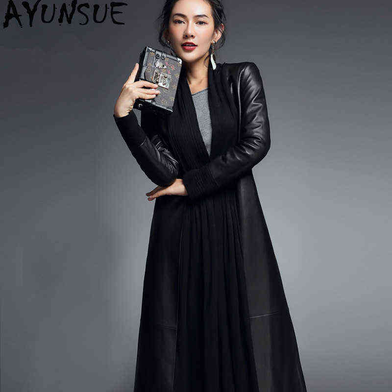 

Ayunsue 2020 Real Leather Jacket Spring Autumn Jacket Women Real Sheepskin Jacket Female Streetwear Long Windbreaker XS16D7808 J220727, Black