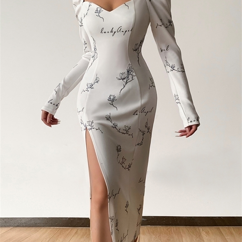 

WannaThis Women Midi Dress Floral Print Side Split Casual Sexy Puff Sleeve Square Collar Partywear Fall Aesthetic Elegant 220607, White